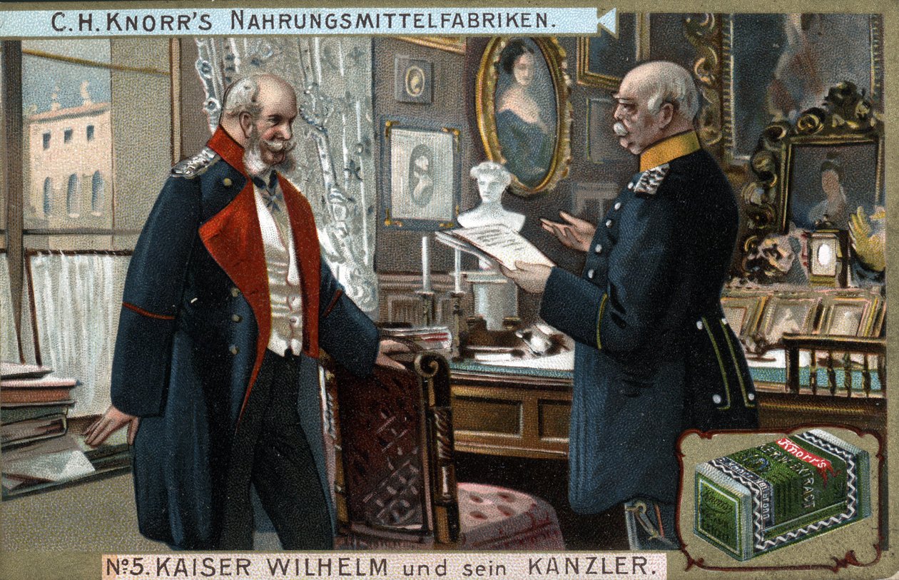 Emperador Guillermo I de Alemania y Prusia (1797-1888) y el Canciller Otto von Bismarck (1815-1898) discuten asuntos políticos. Cromolitografía, finales del siglo XIX. de German School