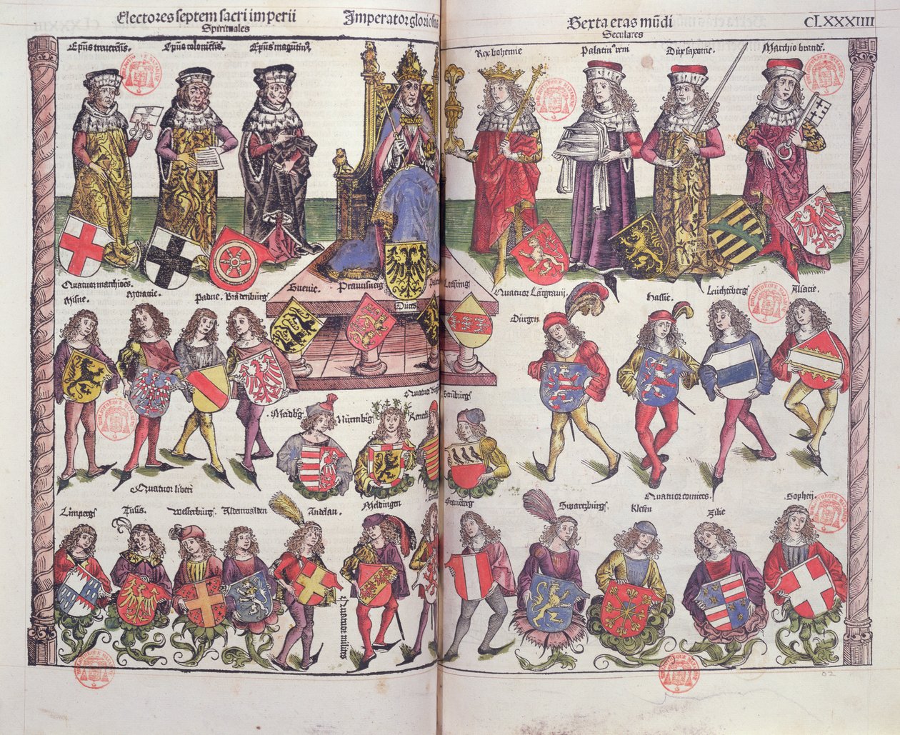 Emperador y electores del Sacro Imperio Romano con veinticuatro nobles alemanes presentando sus escudos de armas de German School