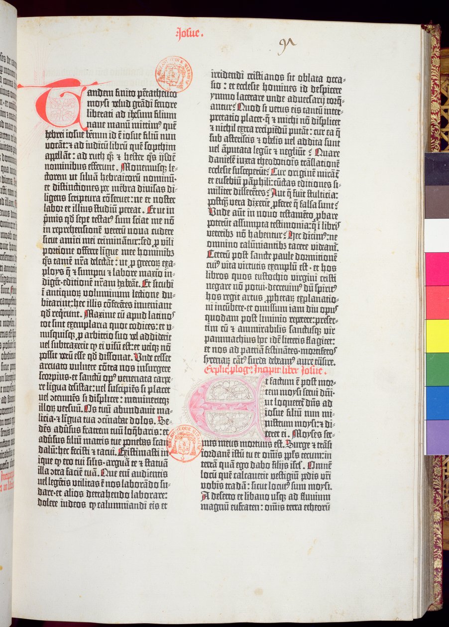 Fin del Pentateuco y comienzo del Libro de Josué, de la Biblia de Gutenberg, impresa por Johannes Gutenberg (c.1400-68) y Peter Schoeffer (1425-1502) en Maguncia, 1454-56 de German School