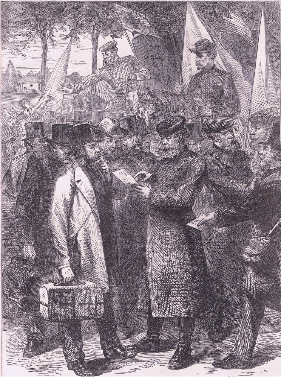 Residentes ingleses dejando París, Historia de la Guerra entre Francia y Alemania de Cassell, publicada por Cassell and Company Limited, c.1890 (litografía) de German School