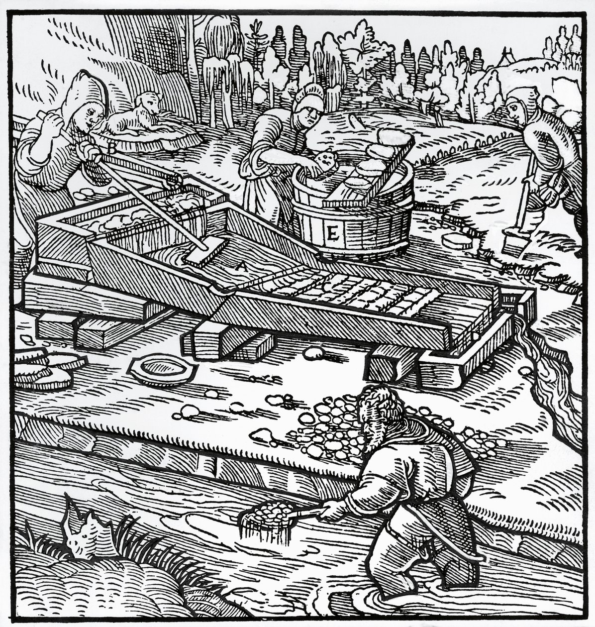 Grabado de De re metallica (Sobre la naturaleza de los metales), por Georg Pawer o Georgius Agricola de German School