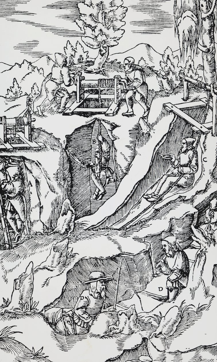 Grabado de De re metallica (Sobre la naturaleza de los metales), por Georg Pawer o Georgius Agricola (1494-1555), publicado en Basilea de German School