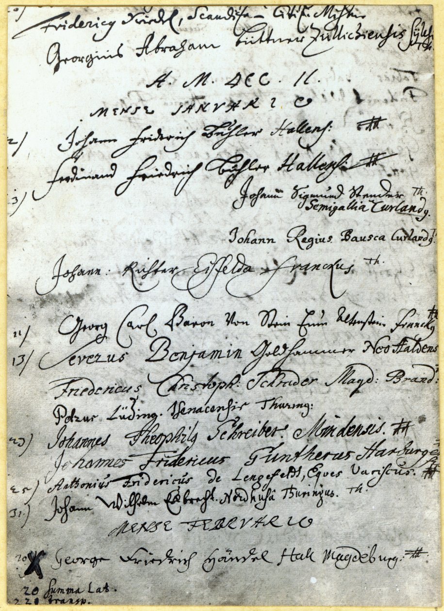 Entrada en los registros de la Universidad de Halle, mostrando el nombre de Handel, 1702 de German School