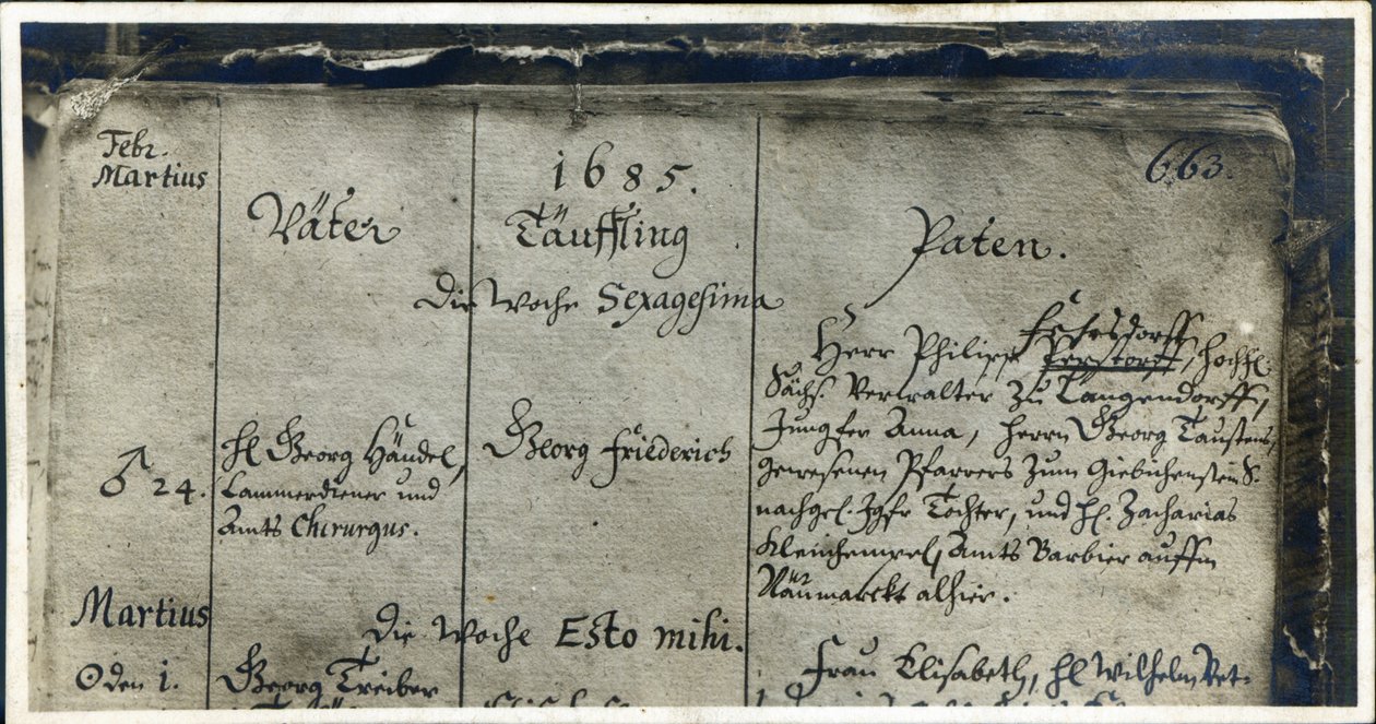 Entrada del bautismo de Handel del registro de la iglesia de Marktkirche, Halle, Alemania, 1685 de German School