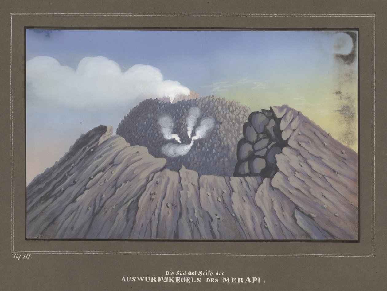 Erupción del Monte Merapi, Pl.III, Topographischer und Naturwissenschaftlicher Atlas zur Reise durch Java, por Dr.Fr.Junghuhn, Magdeburgo 1845 de German School