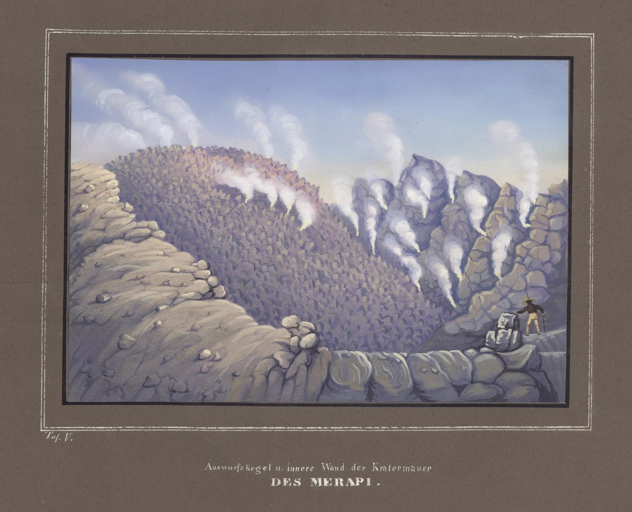 Erupciones y pared interior del Volcán Merapi, Pl. V de Topographischer und Naturwissenschaftlicher Atlas zur Reise durch Java, por Dr.Fr.Junghuhn, Magdeburgo 1845 de German School