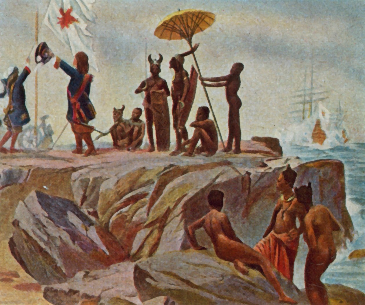 Establecimiento de colonias en la costa africana. 1 de enero de 1683 (litografía en color mejorada) de German School