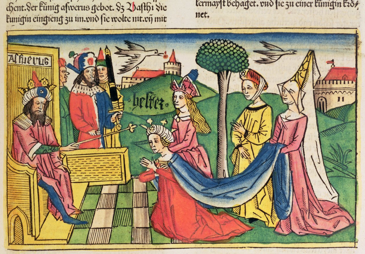 Ester 2:15-18 Ester es elegida como Reina por el Rey persa Asuero, de la Biblia de Núremberg (Biblia Sacra Germanaica) de German School