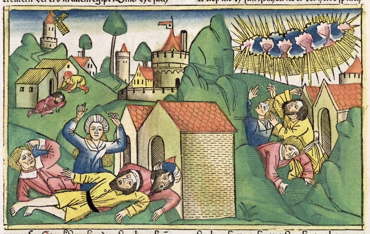 Éxodo 11:1-10 Las siete plagas de Egipto: la muerte de los hijos mayores, de la Biblia de Núremberg (Biblia Sacra Germanaica) de German School
