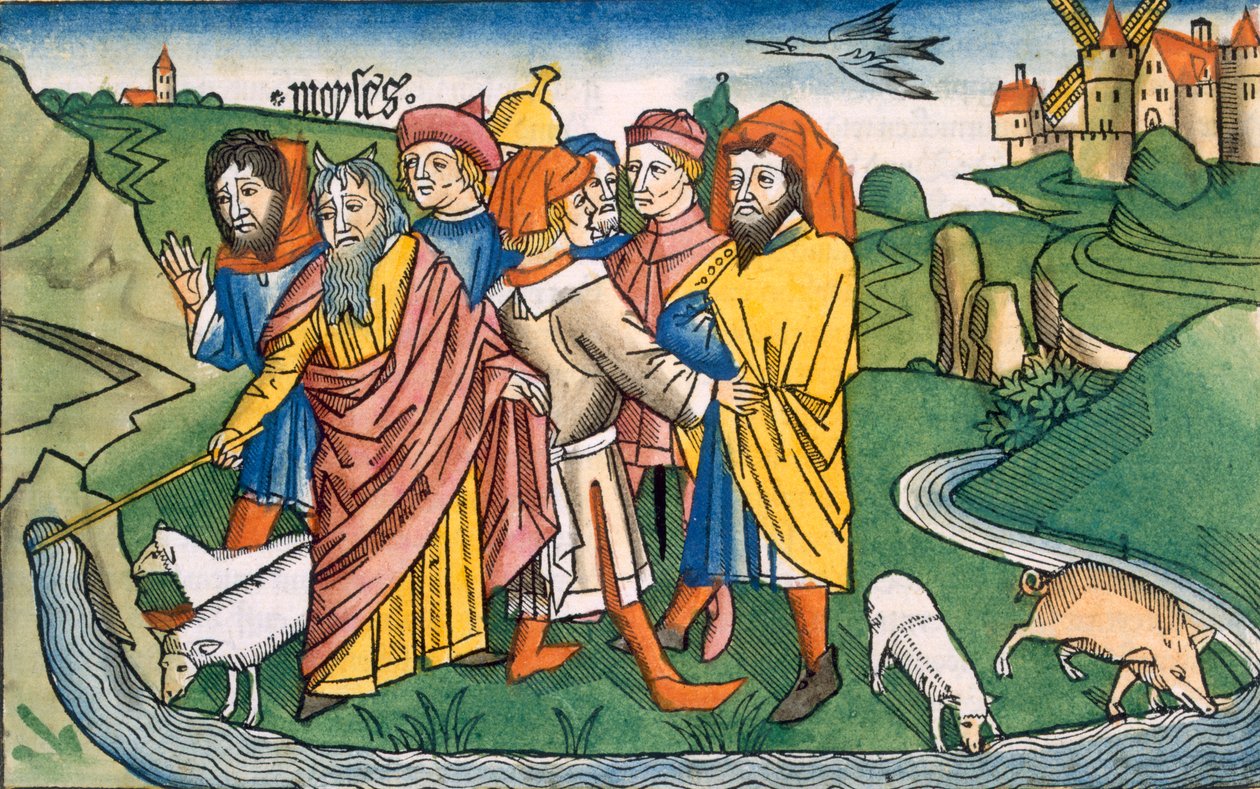 Éxodo 17:1-7 Moisés hace que el agua fluya de las rocas de Horeb, de la Biblia de Núremberg (Biblia Sacra Germanaica) de German School