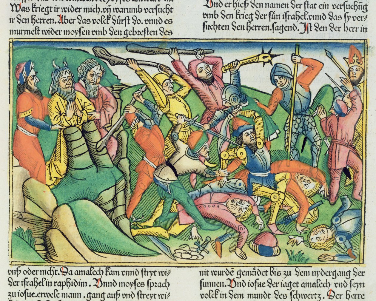 Éxodo 17:8-15 Aarón y Hur sostienen las manos de Moisés para asegurar la victoria de los israelitas sobre los amalecitas, de la Biblia de Núremberg (Biblia Sacra Germanaica) de German School