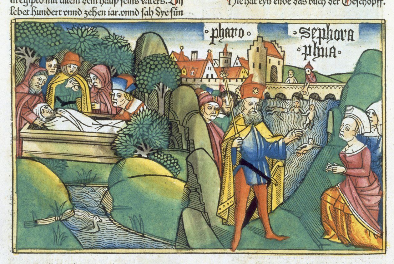 Éxodo 18 1 15-22 El entierro de José y la historia de las parteras hebreas, de la "Biblia de Nuremberg (Biblia Sacra Germanaica)" (xilografía coloreada) de German School