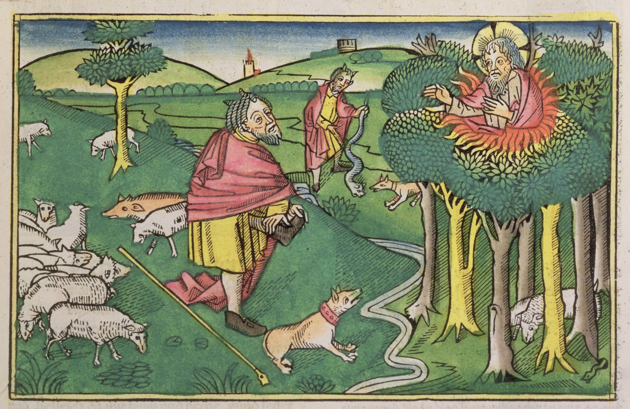 Éxodo 3:1-22 La zarza ardiente, y Éxodo 4:1-4 Dios arma a Moisés con la vara milagrosa, de la Biblia de Núremberg (Biblia Sacra Germanaica) de German School
