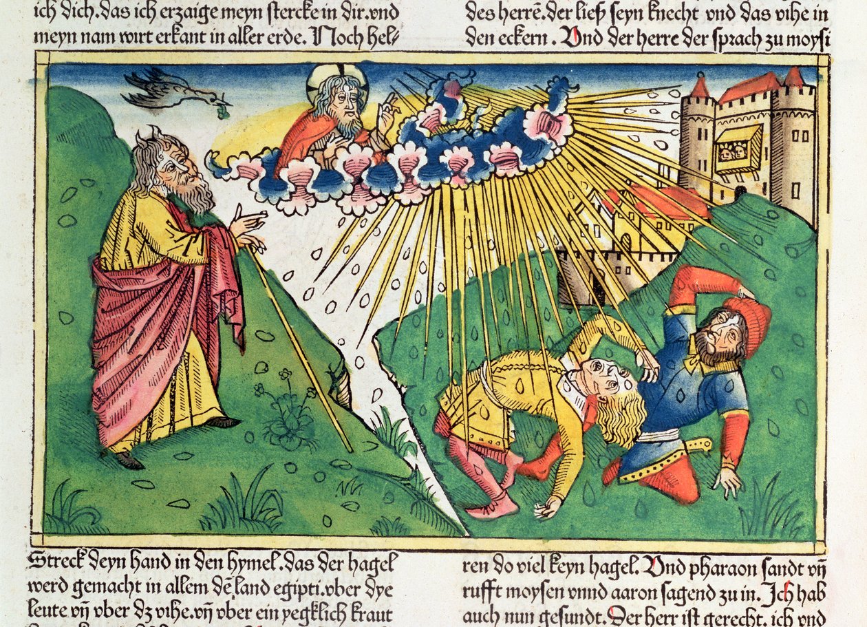 Éxodo 9 13-35 Las siete plagas de Egipto: Moisés y la plaga del granizo y el rayo, de la "Biblia de Nuremberg (Biblia Sacra Germanaica)" (xilografía coloreada) de German School