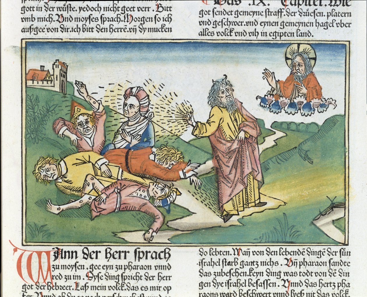 Éxodo 9:8-12 Las siete plagas de Egipto: Moisés y la plaga de úlceras, de la Biblia de Núremberg (Biblia Sacra Germanaica) de German School