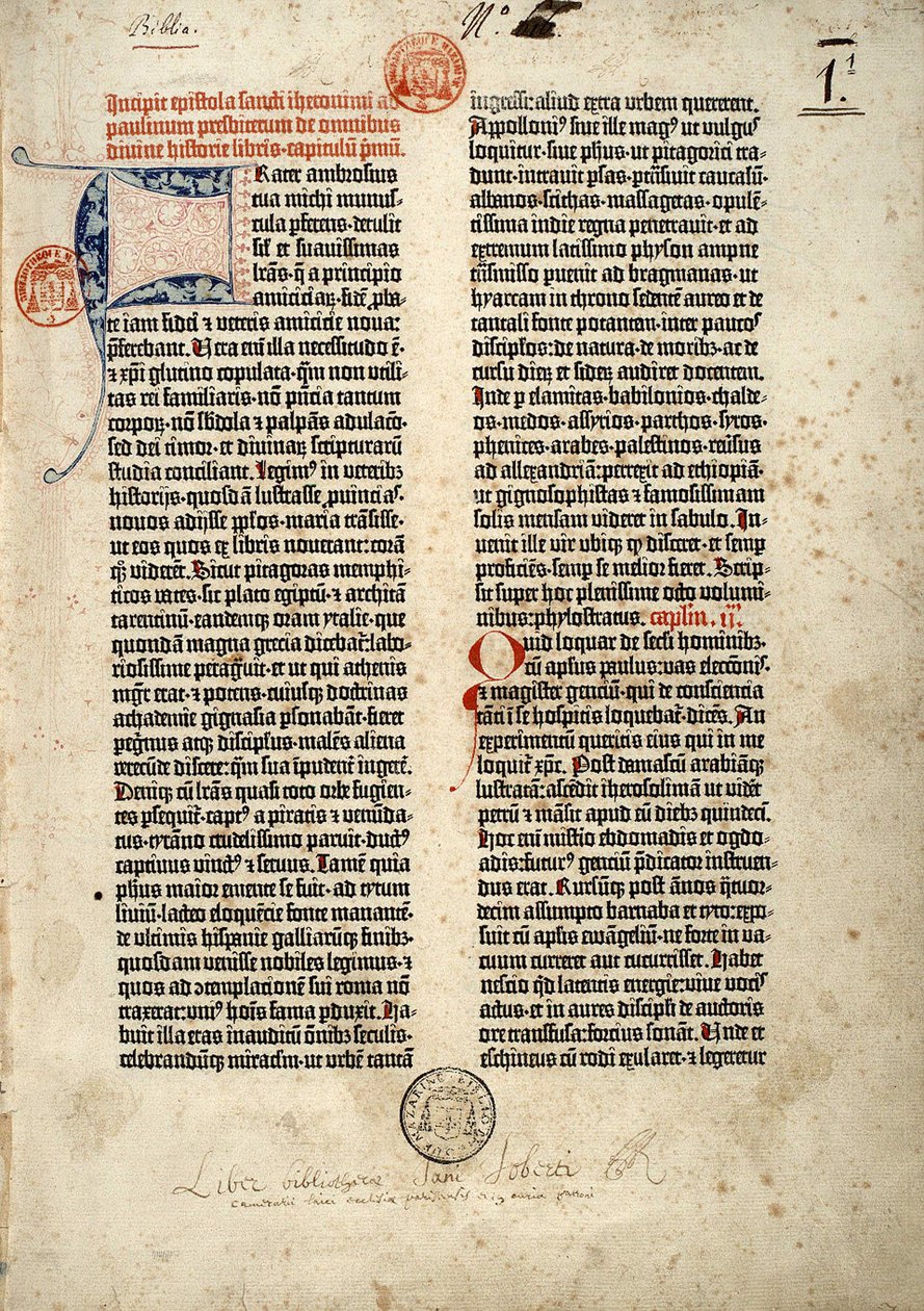 Primera página de la Biblia en latín (vulgata) de Gutenberg preparada en Maguncia 1452 - 1454. El comienzo de la epístola de San Jerónimo al sacerdote Paulino tratando de todos los libros de la Sagrada Escritura. de German School