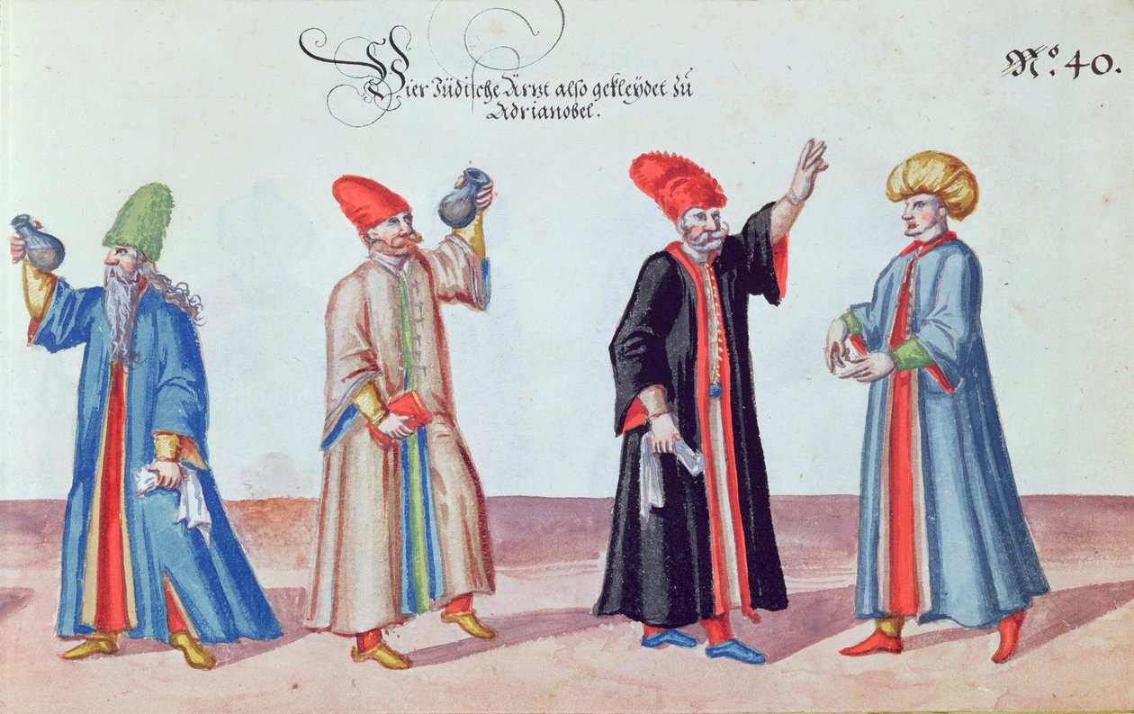 Cuatro doctores judíos de Adrianópolis, Turquía, c.1600 (acuarela sobre papel) de German School