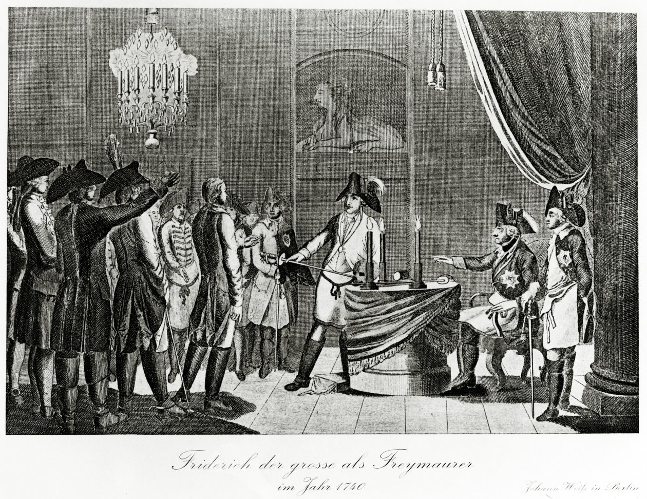 Federico el Grande recibe a su cuñado, Federico, Margrave de Brandeburgo-Bayreuth como masón en Berlín en 1740 de German School