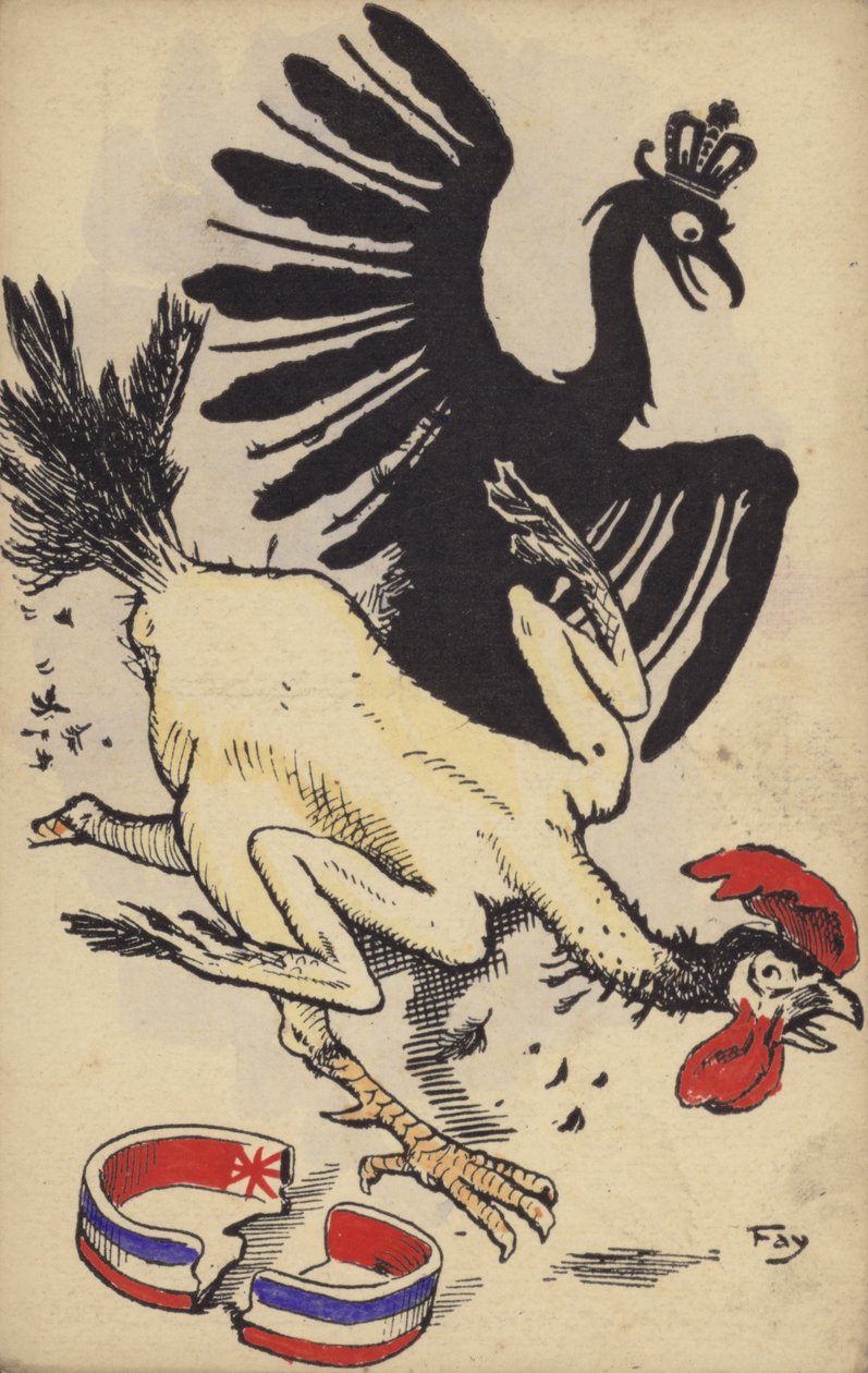 Gallo francés huyendo del águila alemana (litografía en color) de German School