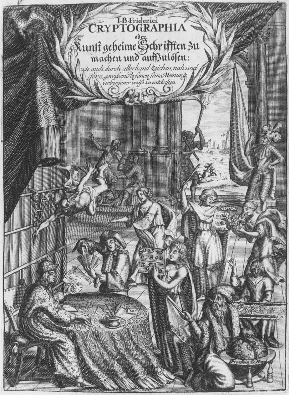 Frontispicio, ilustración de Cryptographia, oder geheime Schrifften de Johann Balthasar Friderici, grabado por Johan Friedlein (siglo XVII) publicado en Hamburgo, 1685 de German School