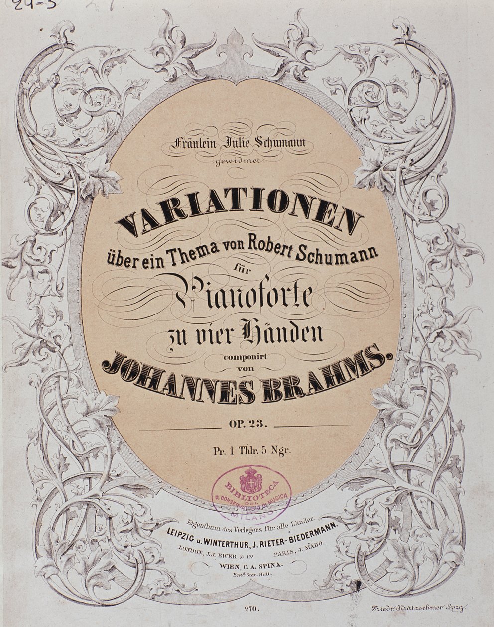 Portada de "Variaciones sobre un tema de Robert Schumann" (Op. 23) por Johannes Brahms de German School