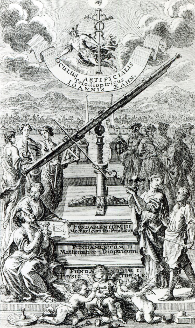Frontispicio de Oculus Artificialis Teledioptricus Sive Telescopium de Johann Zahn, 2ª edición publicada en 1702 de German School