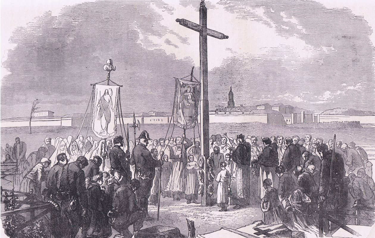 Ceremonia fúnebre sobre soldados franceses muertos durante el asedio de París, Historia de la guerra entre Francia y Alemania de Cassell, publicada por Cassell and Company Limited, c.1890 de German School