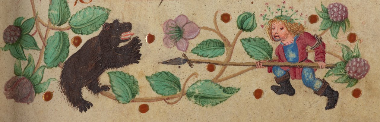 Cazador con guirnaldas a pie lanzando un oso, c. 1475-1485 de German School