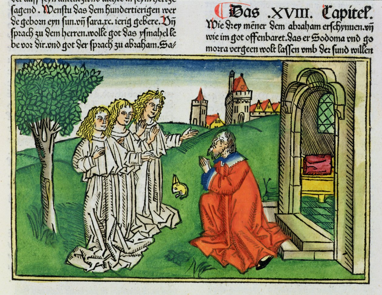Génesis 18:2 Abraham y los tres ángeles, de la Biblia de Núremberg (Biblia Sacra Germanaica) de German School