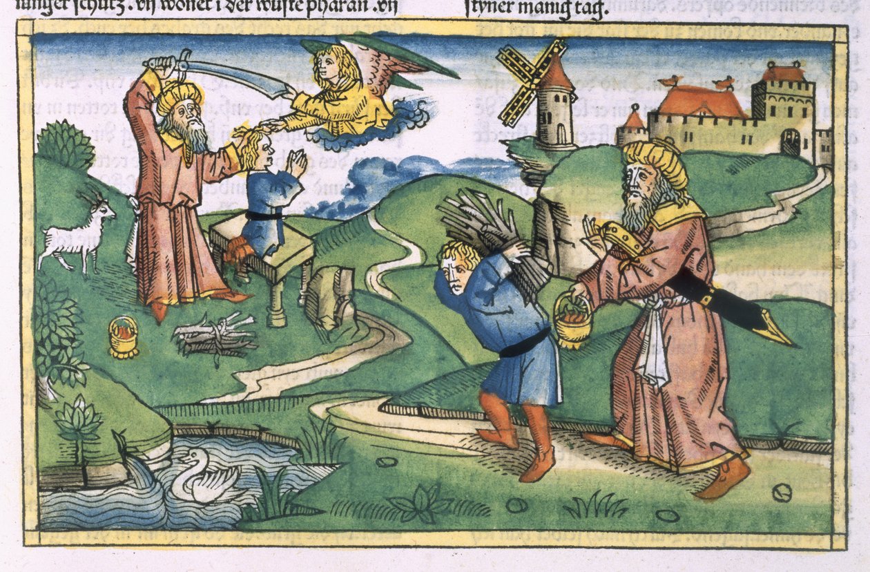 Génesis 21:1-14 La ofrenda de Isaac por Abraham, de la Biblia de Núremberg (Biblia Sacra Germanaica) de German School