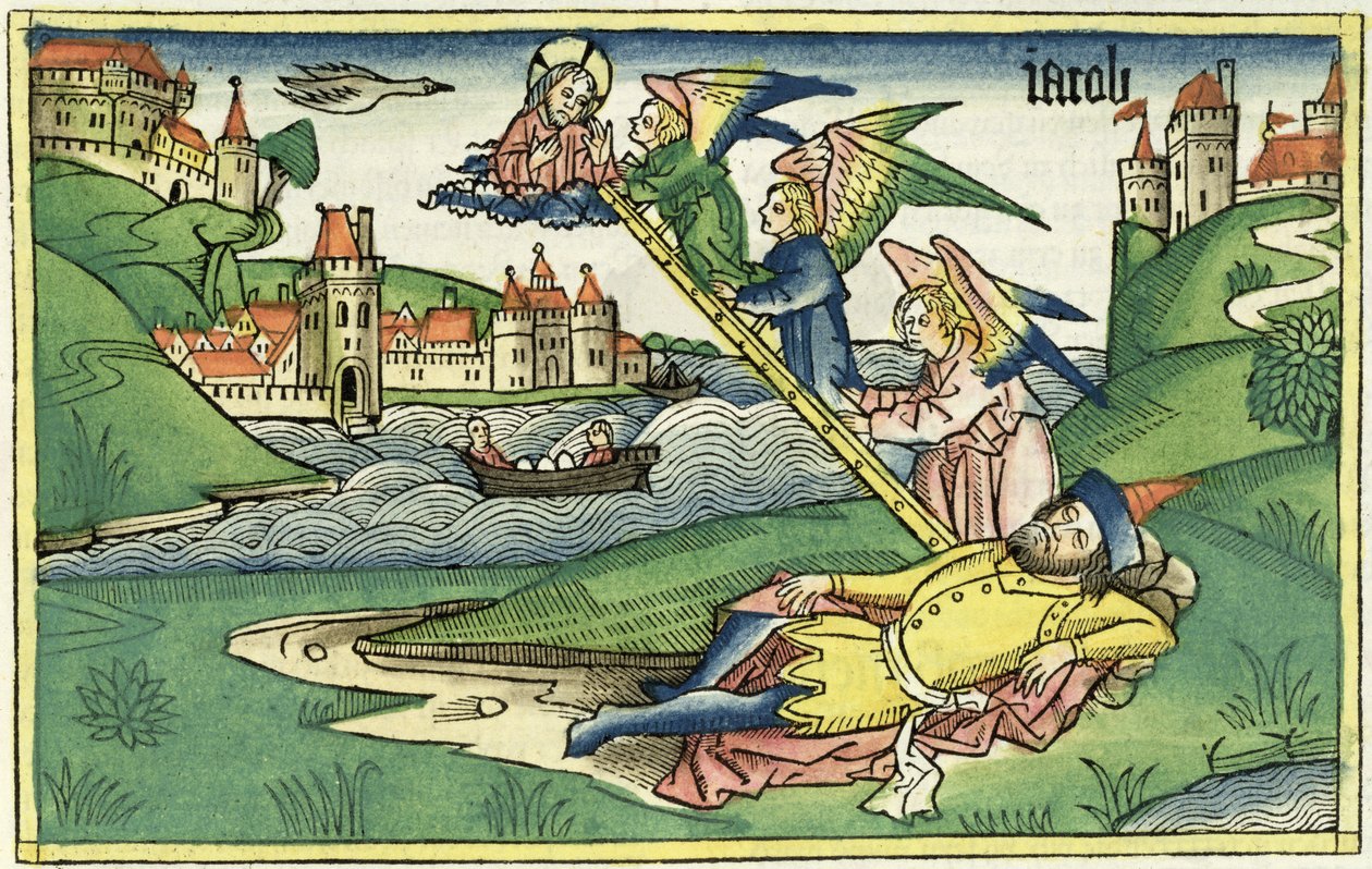 Génesis 28:10 La escalera de Jacob, de la Biblia de Núremberg (Biblia Sacra Germanaica) de German School