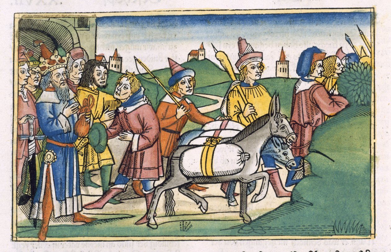 Génesis 41 14-24 El sueño del faraón, de la "Biblia de Nuremberg (Biblia Sacra Germanaica)" (xilografía coloreada) de German School