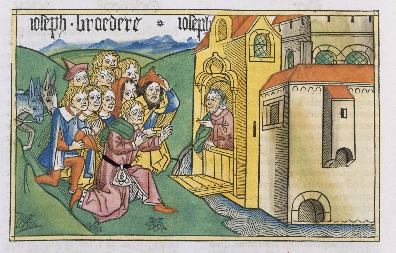 Génesis 42 1-5 Los hermanos de José llegan a Egipto, de la "Biblia de Nuremberg (Biblia Sacra Germanaica)" (xilografía coloreada) de German School