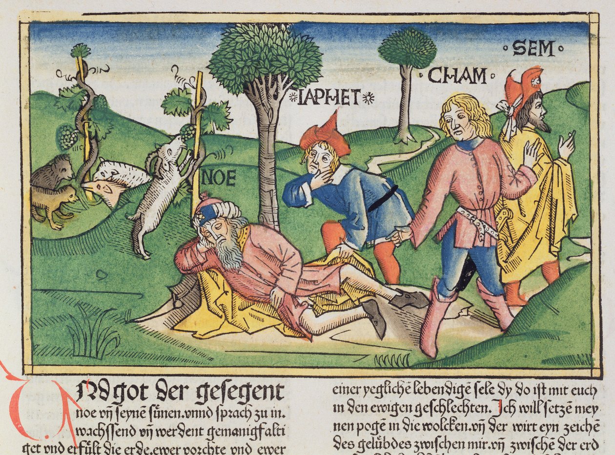 Génesis 9:20-27 Noé cubierto con un manto por sus hijos Sem, Cam y Jafet, de la Biblia de Núremberg (Biblia Sacra Germanaica) de German School