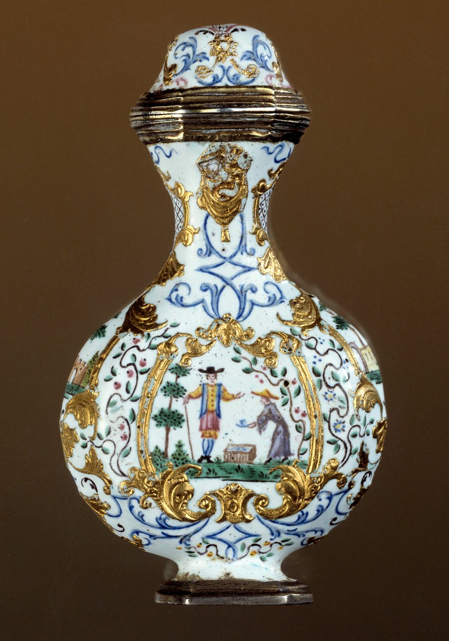 Arte alemán: Frasco de perfume del siglo XVIII (esmalte; escena de chinoiserie) de German School