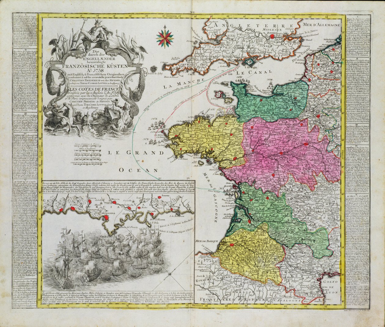 Mapa alemán que muestra ataques navales ingleses en puertos franceses en 1758 de German School