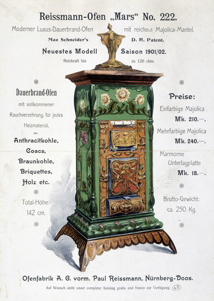 Publicidad alemana para una caldera de estilo art nouveau, finales del siglo XIX de German School
