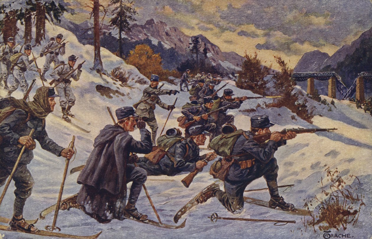 Tropas de esquí alemanas y austriacas en el paso de Dukla, Cárpatos, Primera Guerra Mundial de German School