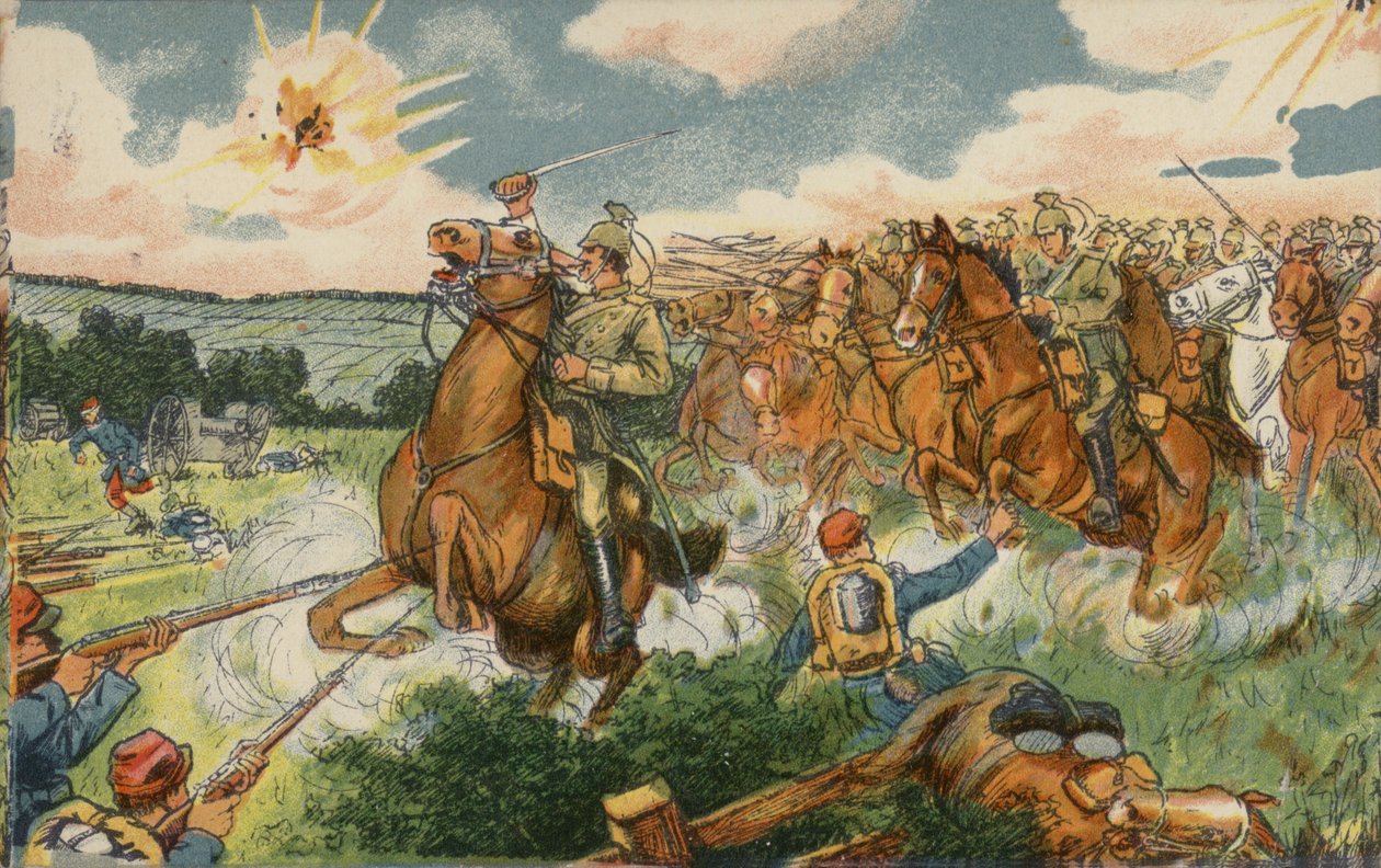 Caballería alemana al mando del príncipe heredero Guillermo atacando a las tropas francesas cerca de Longwy, Francia, Primera Guerra Mundial. de German School
