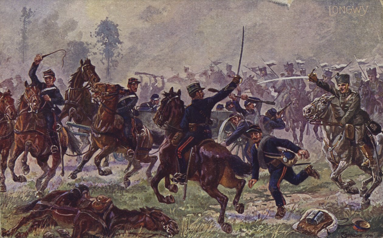 Húsares alemanes capturan cañones franceses en Longwy, Primera Guerra Mundial, 22 de agosto de 1914 (litografía en color) de German School