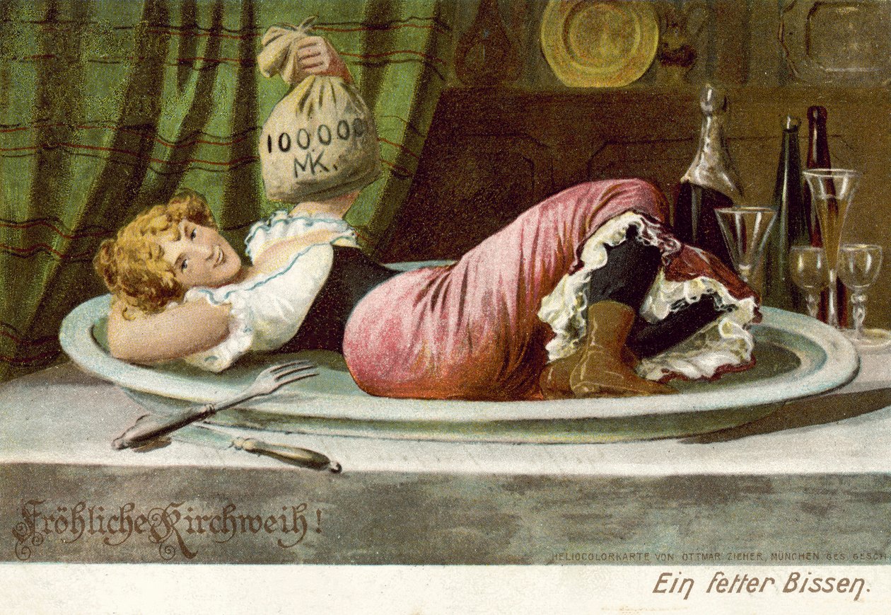 Chica tumbada seductoramente sobre un plato sosteniendo una bolsa de dinero (litografía en color) de German School