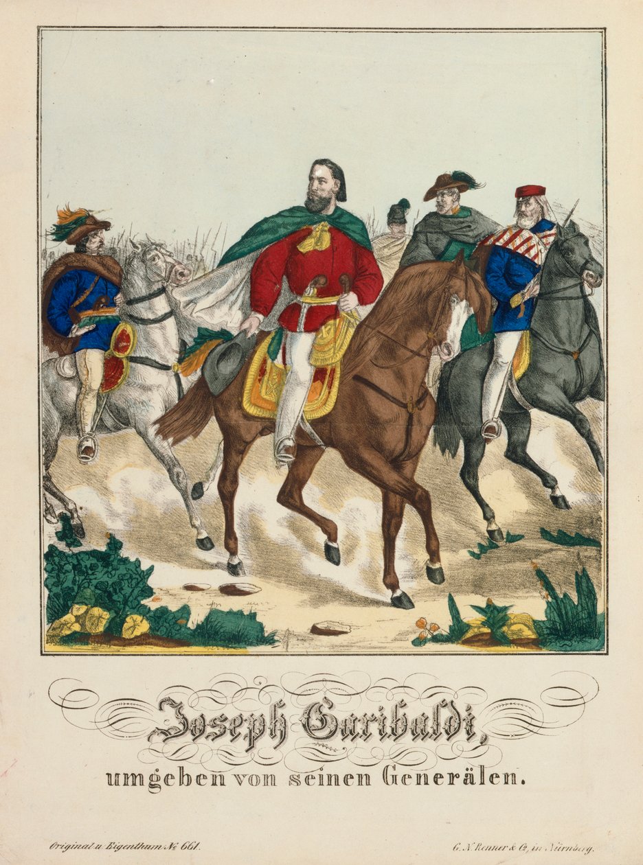 Giuseppe Garibaldi rodeado por sus generales, publicado por G.N. Renner, Núremberg, 1866 de German School
