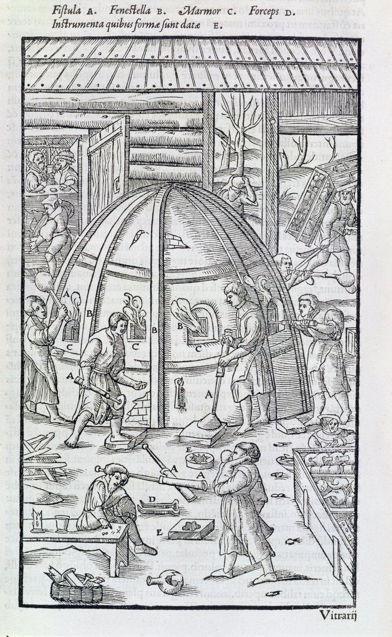 Cristalería, ilustración que muestra el horno de mármol y sopladores de vidrio de German School