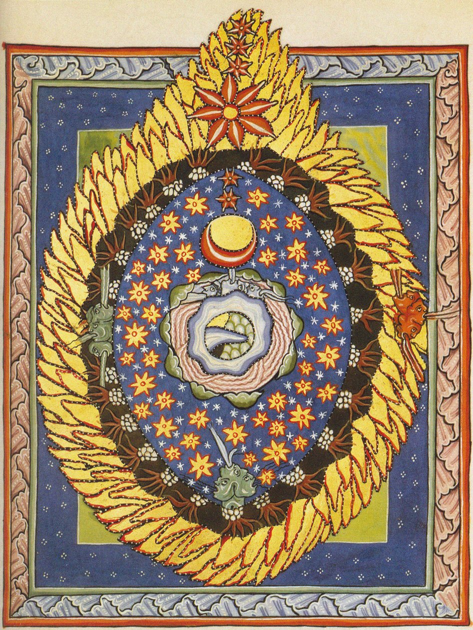 Dios, el cosmos y la humanidad. Miniatura del Liber Scivias de Hildegarda de Bingen, c.1175 (acuarela sobre pergamino) de German School