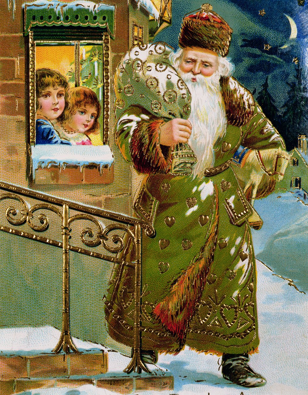 Papá Noel de lana verde, tarjeta alemana, c.1900 (impresión) de German School