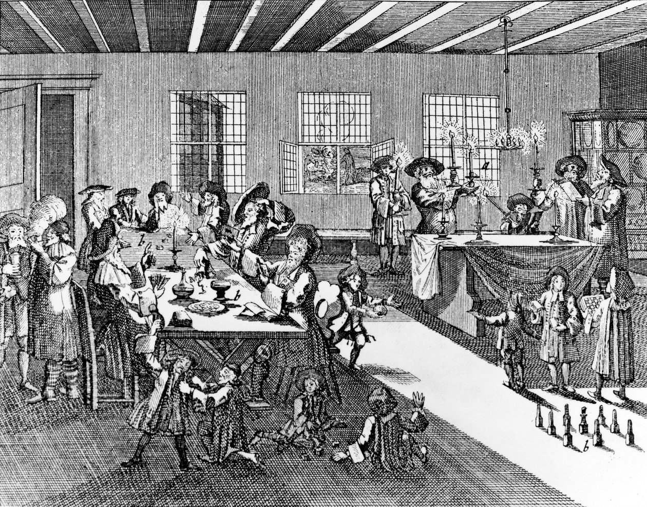 Janucá por Georg Puschner del Jüdisches Ceremoniel de Kirchner, 1726 de German School