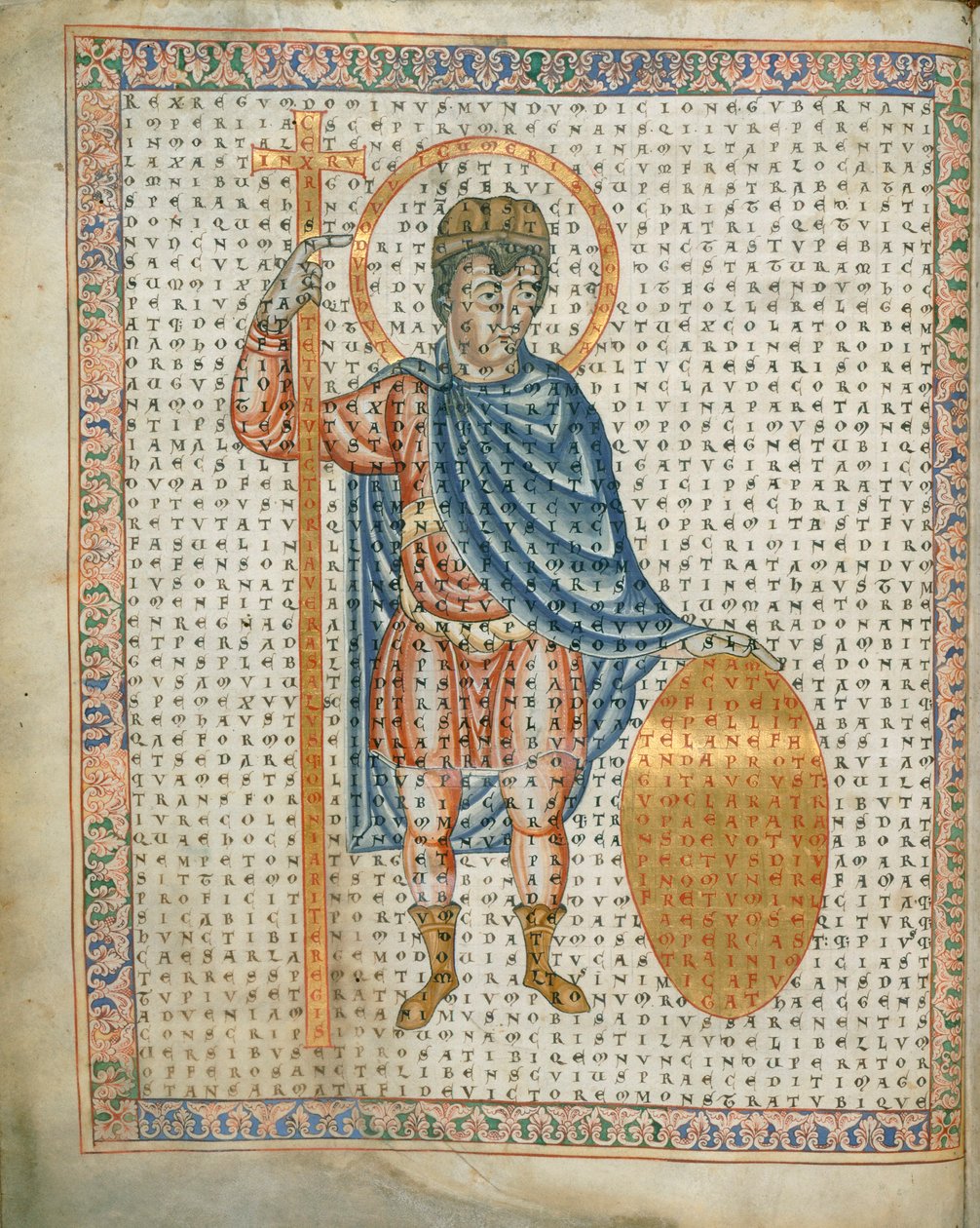 Harley 3045 fol.2 Emperador Luis I, el Piadoso, sosteniendo una cruz y un escudo, de 