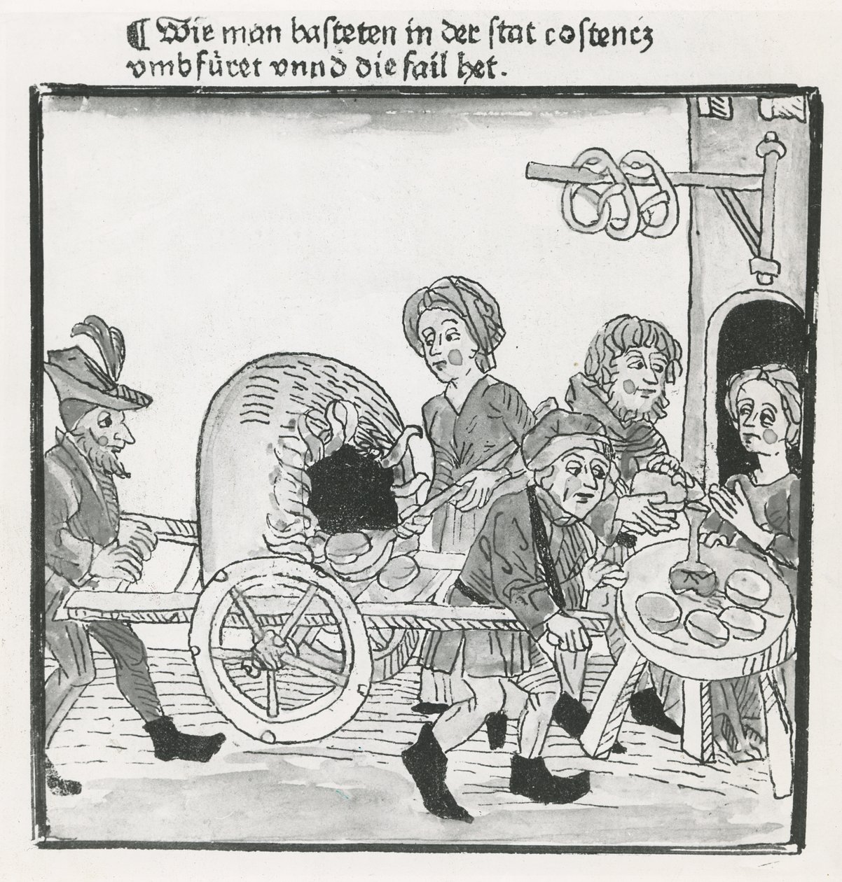 Vendedor de Panqueques y Pretzels, durante el Concilio de Constanza en 1417, después de un incunable, c.1485 de German School