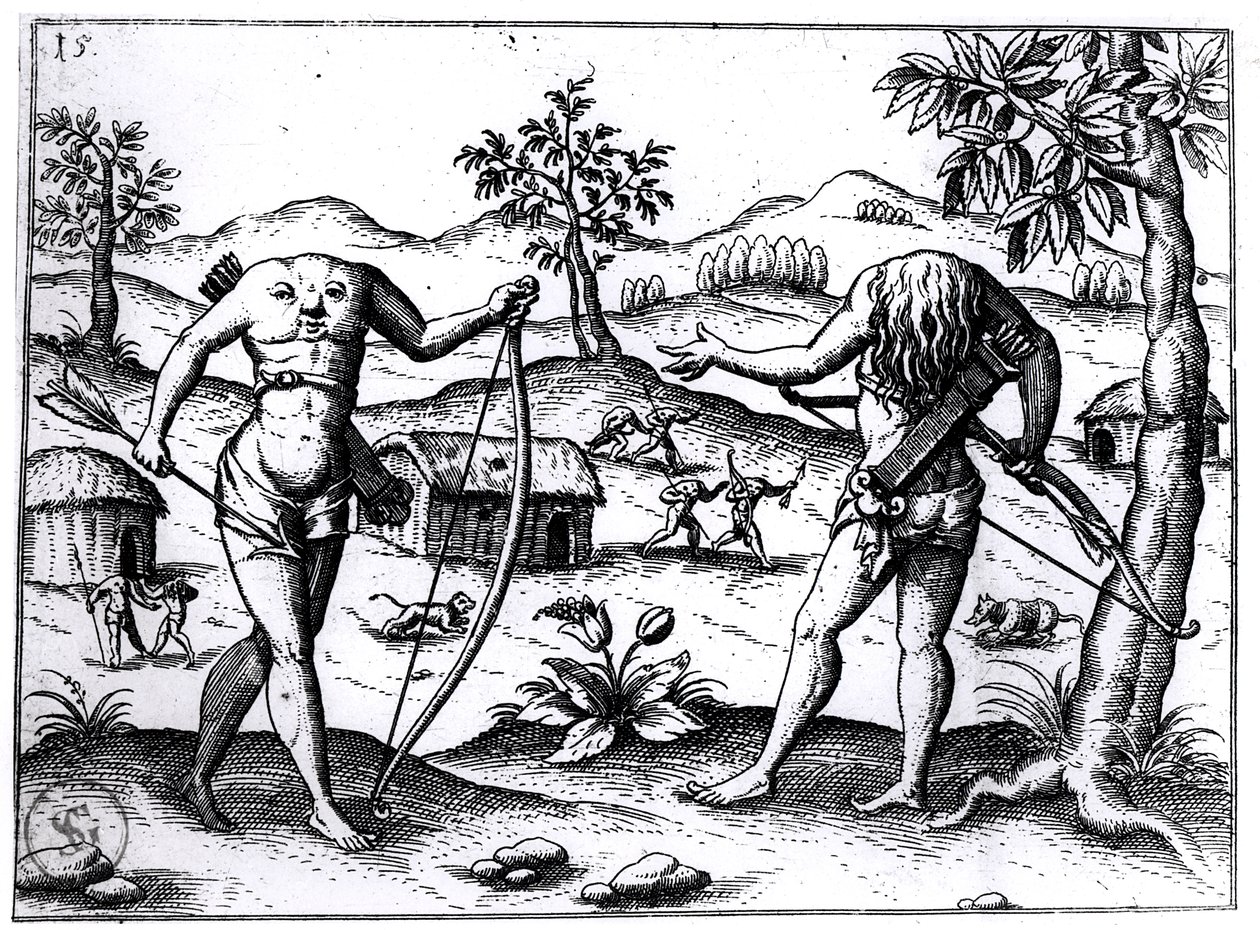 Hombres y mujeres sin cabeza, ilustración del relato de Sir Walter Raleigh sobre Guyana, publicado en Núremberg, 1599 de German School