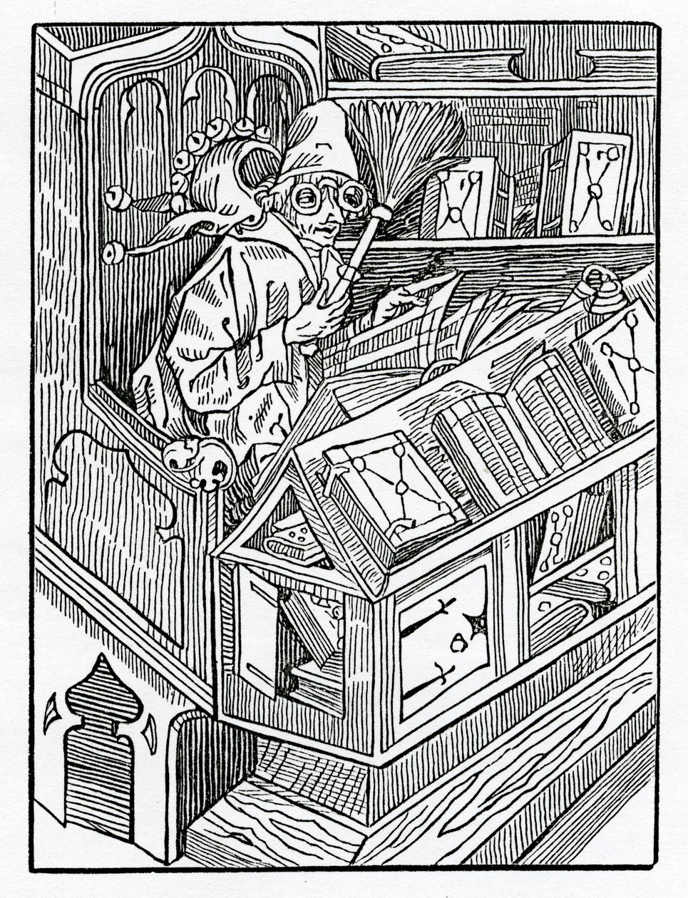 Aquí comienza la locura y primero los libros inútiles, ilustración de la traducción al inglés de Alexander Barclay de 